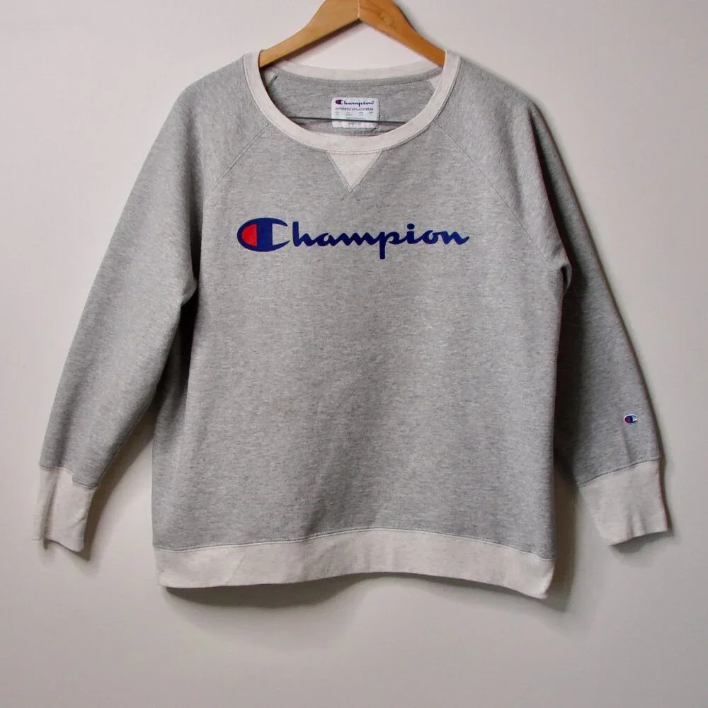 Champion Gray Crewneck Sweatshirt Cream Trim Fleece Logo Plus Size 2X - Picture 4 of 15
